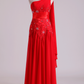 Red One Shoulder A Line Prom Dresses With Applique & Ruffles Floor Length