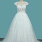 2024 Scoop Short Sleeves Tulle A Line Wedding Dresses With Applique Chapel Train