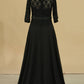 2024 Black Mother Of The Bride Dresses 3/4 Length Sleeve A Line Chiffon & Lace Sweep Train