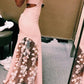 Unique Pink Lace Satin Mermaid Long Prom Dresses V Neck Evening Dresses
