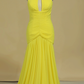 Prom Dress Halter Pleated Bust & Bodice With Shirred Chiffon Skirt Sweep Train