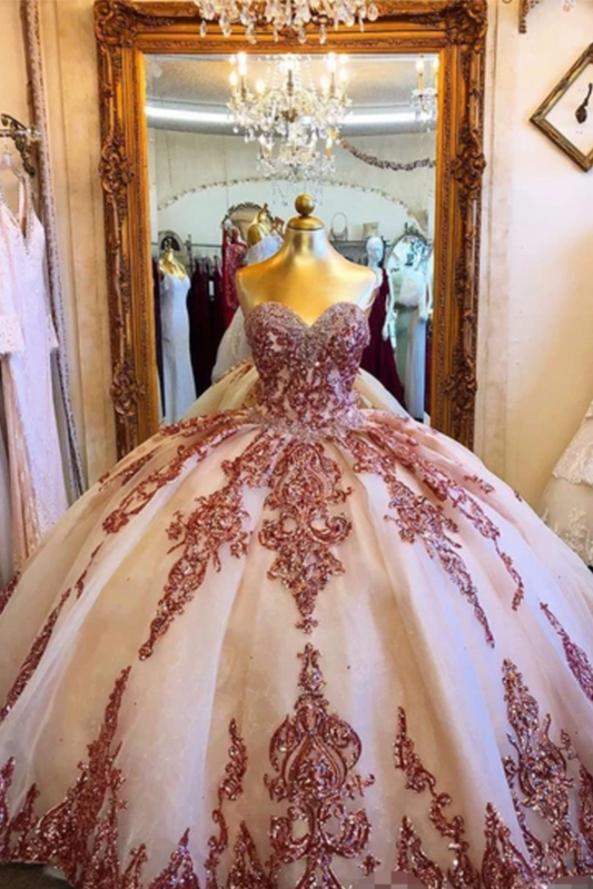 Champagne Tulle Rosewood Appliques Sweet Heart Neckline Ball Gown Quinceanera Dresses Prom SJSPCTTJKBL