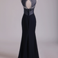 Scoop Open Back Beaded Bodice Floor Length Chiffon Prom Dresses Black