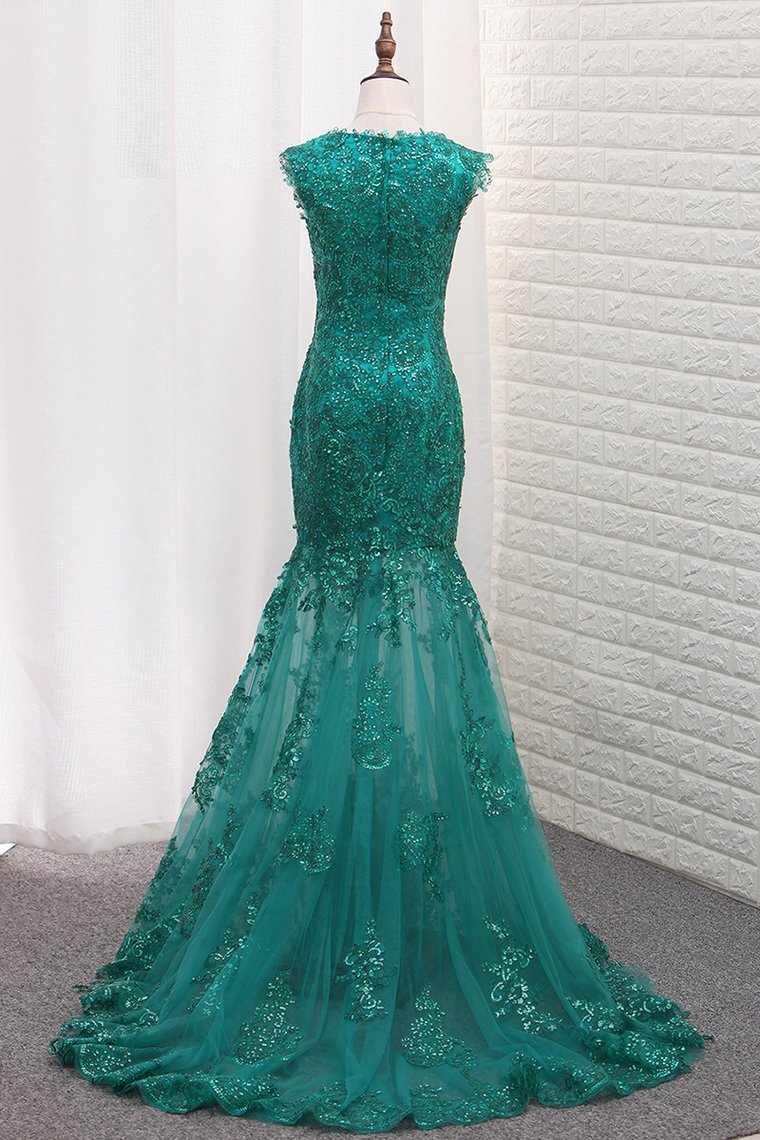 Mermaid Prom Dresses Scoop Tulle With Applique And Beads Sweep Train