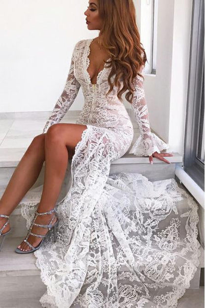 Long Sleeves Mermaid Lace V Neck Wedding Dresses with Slit, Wedding SRS20423