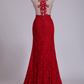 Scoop Mermaid/Trumpet Prom Dresses With Applique Burgundy/Maroon Lace & Tulle