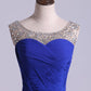 Scoop Prom Dresses A Line Pleated Bodice Chiffon With Beads Dark Royal Blue