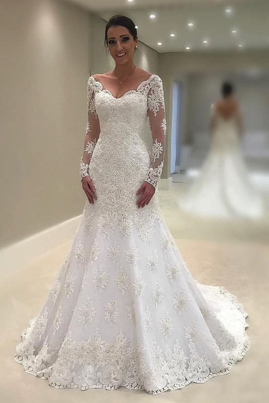 2024 Mermaid/Trumpet Wedding Dresses V Neck Long Sleeves Tulle With Applique And Beads