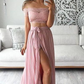 Two Piece Lace Top Off the Shoulder Short Sleeves Thigh-High Slit Sexy Evening Dresses JS84