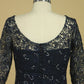 2024 Mother Of The Bride Dresses Scoop 3/4 Length Sleeve Dark Navy Spandex & Lace With Beads