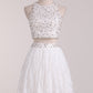 White Homecoming Dresses Scoop Lace Two Pieces