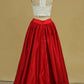Two-Piece A Line Prom Dresses Scoop Satin With Applique Floor Length