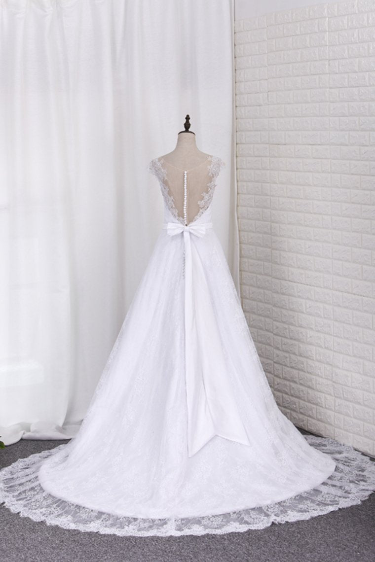 2024 V Neck A Line Wedding Dresses Lace With Sash Court Train