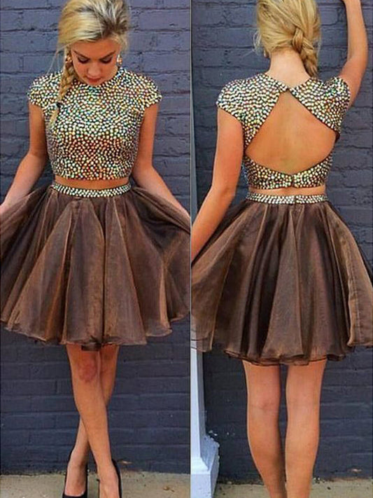 Homecoming Dresses 2024 A-Line Two Piece Jewel Neck Short Sleeve Beading Pamela Back Cut Out Organza Short/Mini