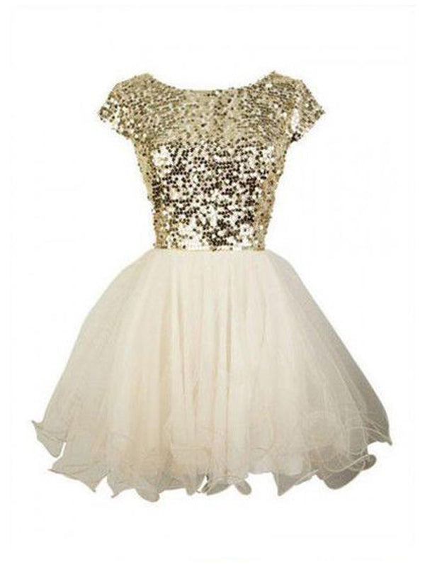 2024 Homecoming Dresses Ball Gown Scoop Neck Short Sleeve Sequin Organza Dulce Cut Short/Mini