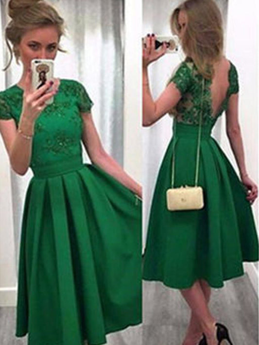 Homecoming Dresses 2024 A-Line Scoop Neck Short Sleeve V Back Lace Cecelia Satin Tea-Length