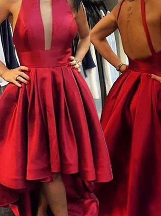 2024 Amira A-Line Pleated Cut Out Homecoming Dresses Satin High Low