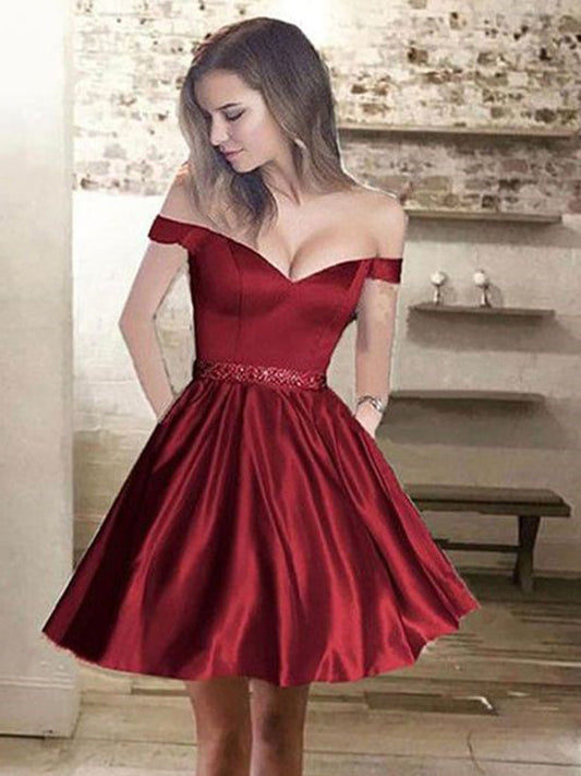 2024 Homecoming Dresses A-Line Sweetheart Off-The-Shoulder Jaqueline Beading Satin Cut Short/Mini