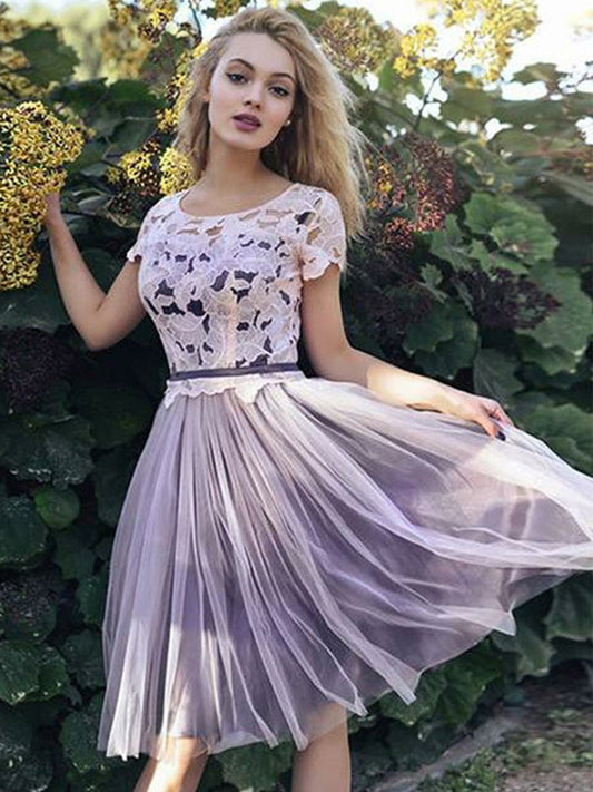 2024 A-Line Scoop Neck Short Sleeve Homecoming Dresses Lace Tulle Hillary Knee-Length