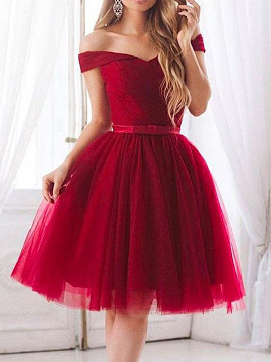 Shayla Homecoming Dresses 2024 Ball Gown Off-The-Shoulder Ruching Bowknot Tulle Knee-Length