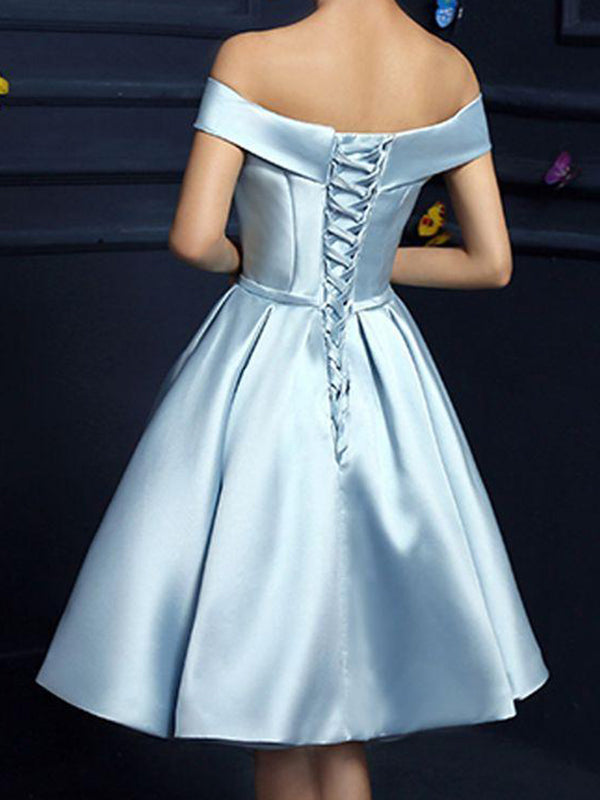 Deja 2024 Homecoming Dresses A-Line Off-The-Shoulder Bowknot Knee-Length Satin Lace Up
