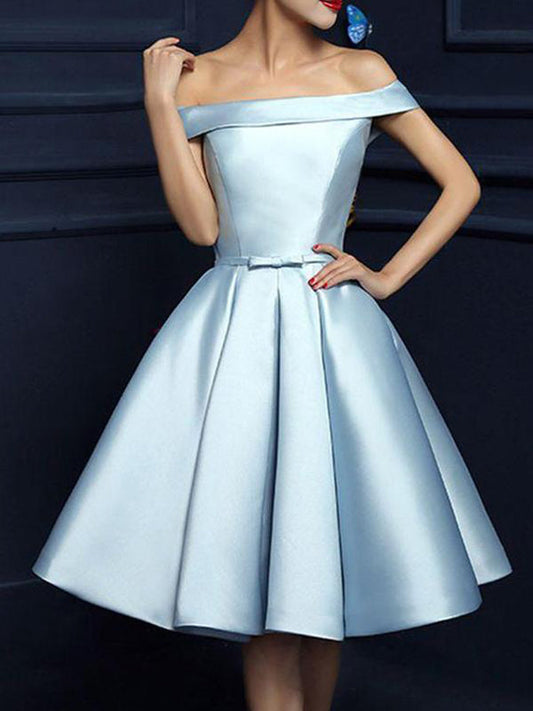 Deja 2024 Homecoming Dresses A-Line Off-The-Shoulder Bowknot Knee-Length Satin Lace Up