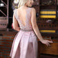 High Taniyah Quality Satin Short V Homecoming Dresses Neck Sleeveess Applique Beading Pleated