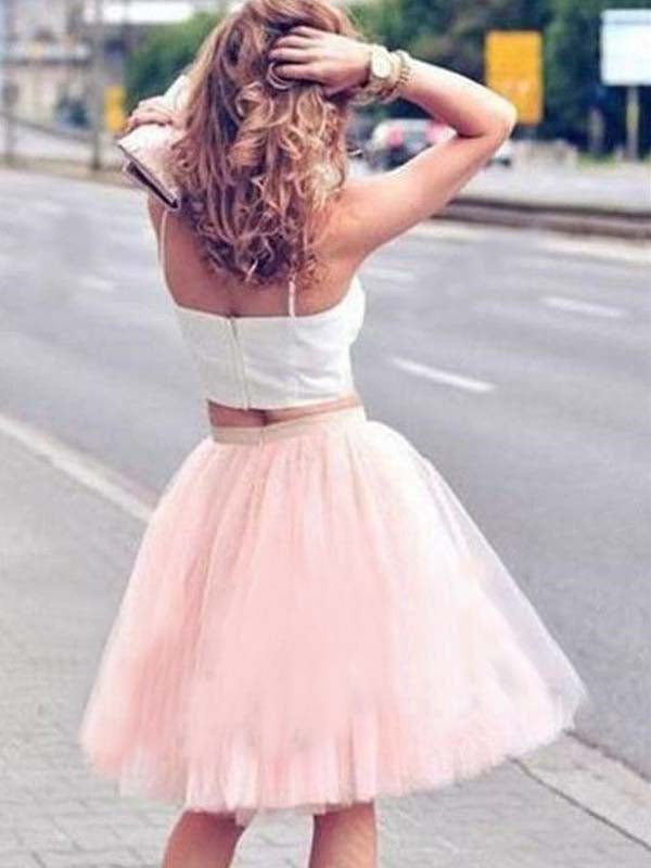 Two Piece Ball Camille Gown Tulle Square Homecoming Dresses Neck Straps Sleeveless Knee-Length