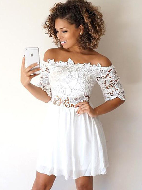 Aubrey Homecoming Dresses White Lace Off-The-Shoulder Half Sleeve Cut Shorts Mini