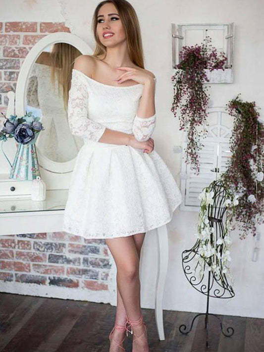 Ball Gown White 3/4 Sleeve Off-The-Shoulder Lace Cut Homecoming Dresses Alessandra Short/Mini