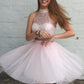 Two Piece High Neck Lucia Open Back Beading Pearl Homecoming Dresses Pink