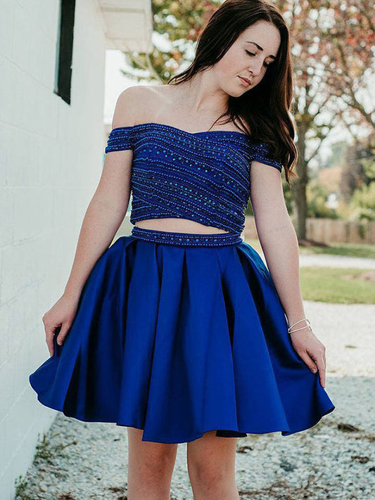 Royal Blue Off-The-Shoulder Beading Ball Gown Pleated Cut Kadence Homecoming Dresses Short Mini
