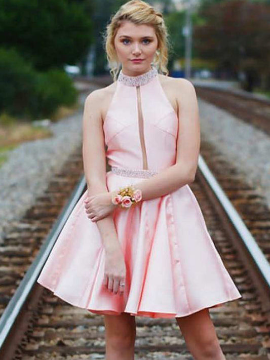 Pink Homecoming Dresses Vivian High Neck Halter Sleeveless Backless Short Mini
