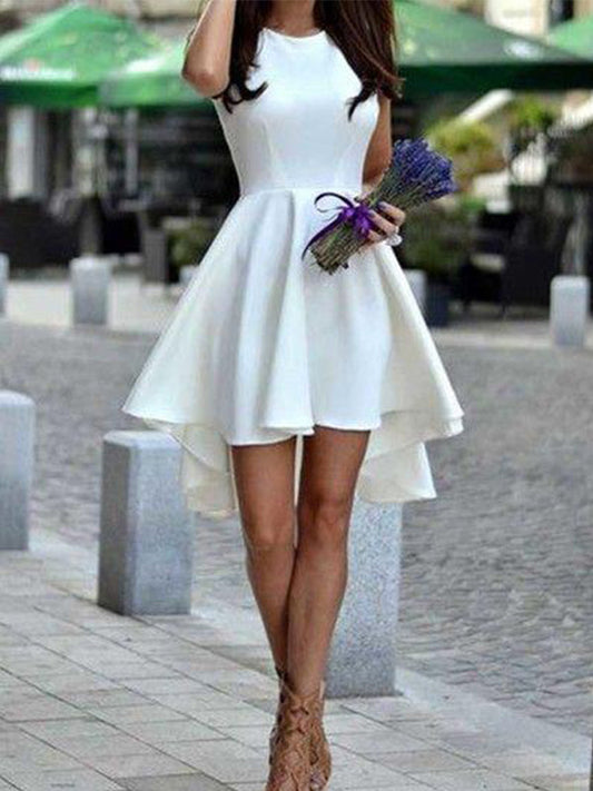 Homecoming Dresses Simple Design White High Low Scoop Neck Sleeveless Kiersten Cut Short/Mini