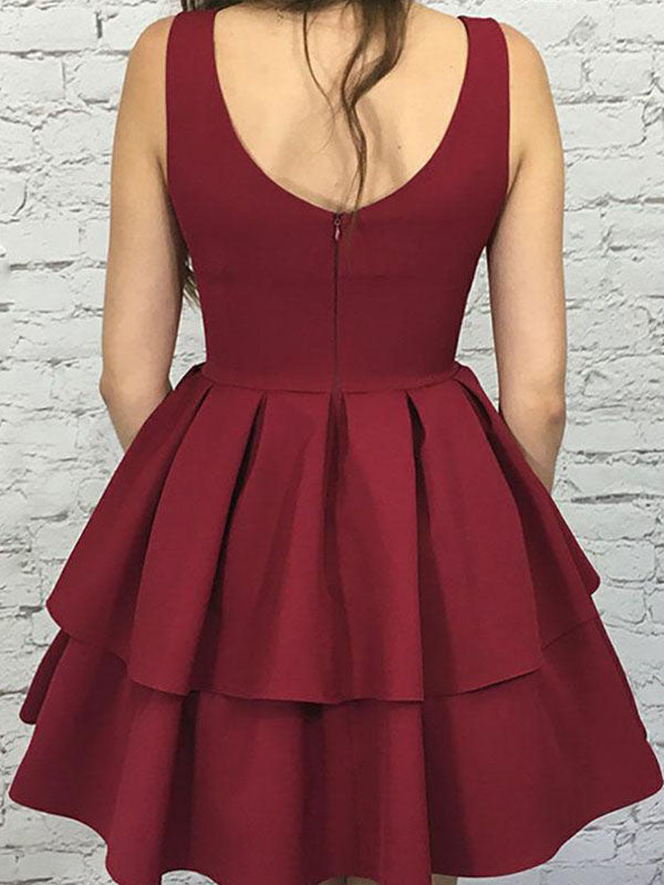 Burgundy V Neck Homecoming Dresses Sleeveless Pleated Layers Cut Sonia Short/Mini