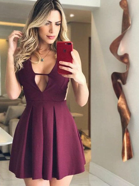 Burgundy Melissa Pleated V Homecoming Dresses Neck Sleeveless Cut Short/Mini A-Line