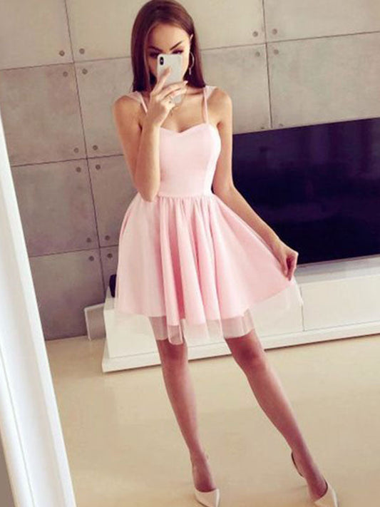A-Line Sweetheart Sleeveless Homecoming Dresses Tulle Cut Short Rosa Mini