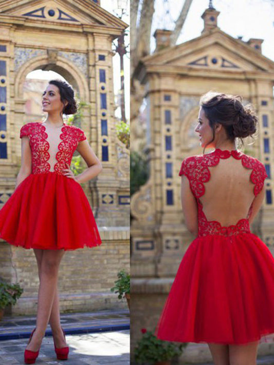 Cap Sleeve Raina Lace Cut Out Back Homecoming Dresses Tulle Ball Gown Cut Short Mini