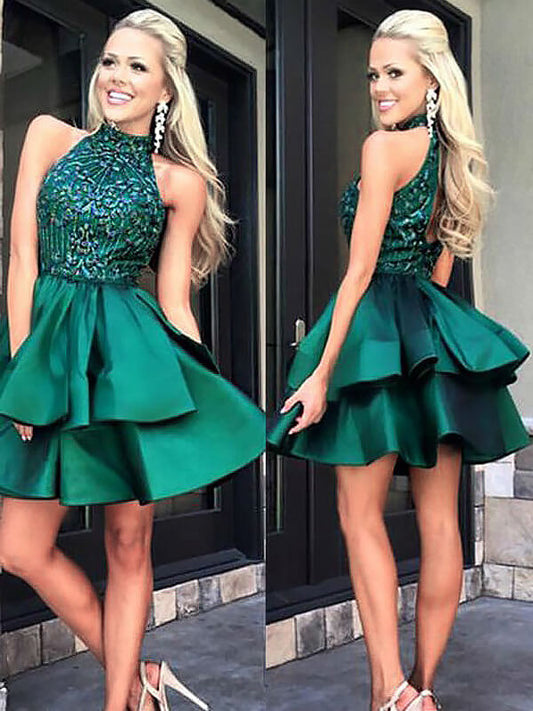 Homecoming Dresses Ball Gown Layers Halter Sleeveless Cut Out Back Sequin Beaded Kaylee Cut Short Mini