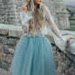 Two Piece See Through Lace Scoop Neck Long Homecoming Dresses Kenna Sleeve Tulle Ball Gown Knee-Length