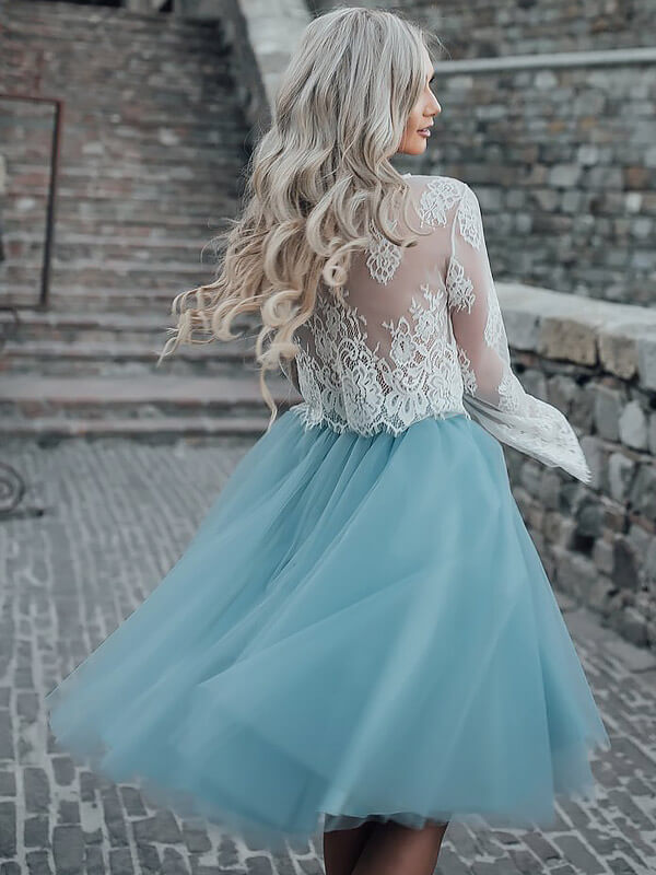 Two Piece See Through Lace Scoop Neck Long Homecoming Dresses Kenna Sleeve Tulle Ball Gown Knee-Length