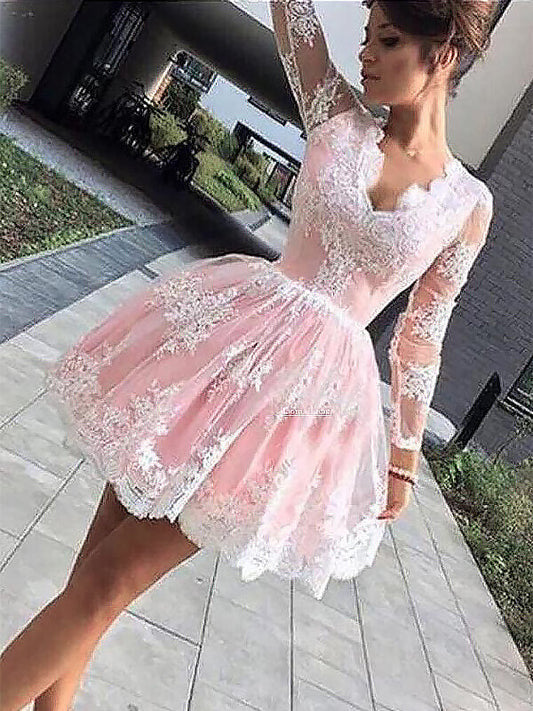 Ball Homecoming Dresses Gown V Neck Long Sleeve Madelyn Applique Cut Short Mini