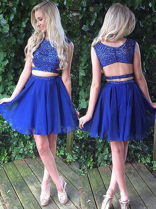 Chiffon Two Piece Beading Scoop Neck Sleeveless Cut Out Back Cut Short Breanna Homecoming Dresses Mini
