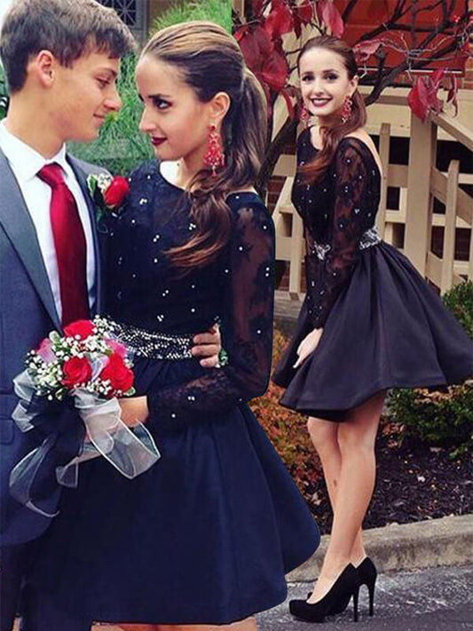 Scoop Lucille Neck Long Sleeve Backless Cut Short Homecoming Dresses Mini Lace Beading Ball Gown
