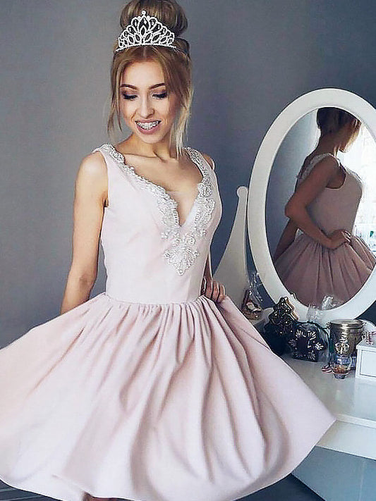 Pale Pink A-Line V Neck Applique Homecoming Dresses Sleeveless Quinn Pleated Cut Short Mini