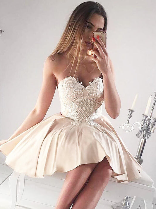 Sweetheart Applique Elle Homecoming Dresses A-Line Satin Cut Short Mini