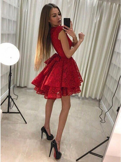 Cap Sleeves A Line Jewel Ariella Red Tiered Homecoming Dresses Lace Short Flowers Pleated