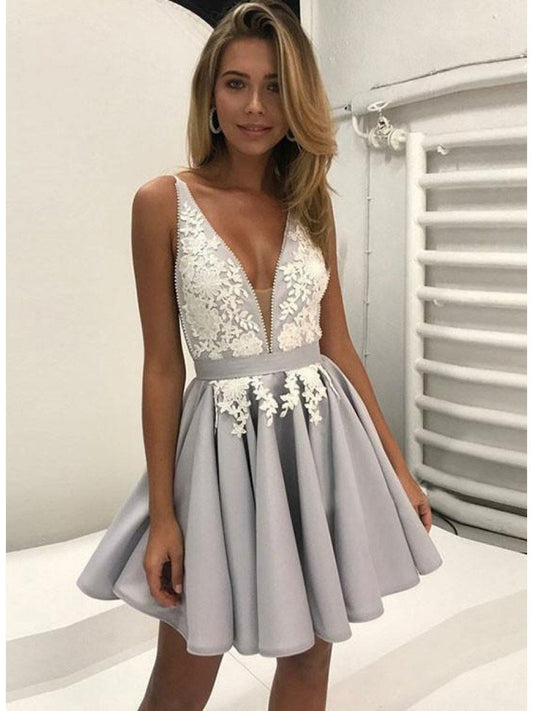 Silver Homecoming Dresses Lace Deep V Neck Straps Vanessa A Line Appliques Pleated Flowers Satin