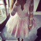 Long Sleeve Deep V Neck Ball Gown Lace Flowers Homecoming Dresses Ryleigh Pink Pleated