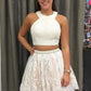 Homecoming Dresses Halter Sleeveless Two Pieces Lace A Hanna Line Short White